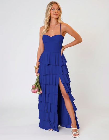 Chiffon Sleeveless Sweetheart A-Line Maxi Dress with Tiered Ruffles for Party, Cocktail, Evening, Wedding Guest & Summer Even | SKU: SMD-583920174618452-BLUE-L,SMD-583920174618452-BLUE-M,SMD-583920174618452-BLUE-S,SMD-583920174618452-BLUE-XL,SMD-583920174618452-BLUE-XS
