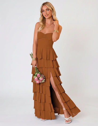 Chiffon Sleeveless Sweetheart A-Line Maxi Dress with Tiered Ruffles for Party, Cocktail, Evening, Wedding Guest & Summer Even | SKU: SMD-583920174618452-ORANGE-L,SMD-583920174618452-ORANGE-M,SMD-583920174618452-ORANGE-S,SMD-583920174618452-ORANGE-XL,SMD-583920174618452-ORANGE-XS