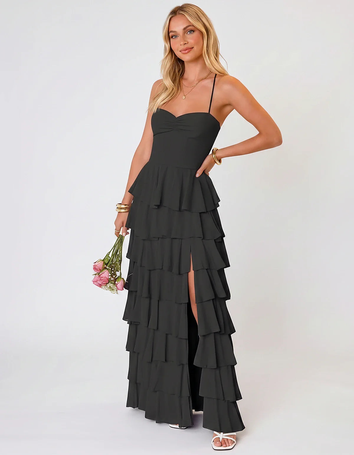 Chiffon Sleeveless Sweetheart A-Line Maxi Dress with Tiered Ruffles for Party, Cocktail, Evening, Wedding Guest & Summer Even | SKU: SMD-583920174618452-BLACK-L,SMD-583920174618452-BLACK-M,SMD-583920174618452-BLACK-S,SMD-583920174618452-BLACK-XL,SMD-583920174618452-BLACK-XS