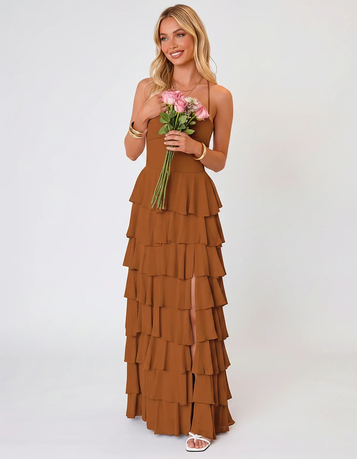 Chiffon Sleeveless Sweetheart A-Line Maxi Dress with Tiered Ruffles for Party, Cocktail, Evening, Wedding Guest & Summer Even | SKU: SMD-583920174618452-ORANGE-L,SMD-583920174618452-ORANGE-M,SMD-583920174618452-ORANGE-S,SMD-583920174618452-ORANGE-XL,SMD-583920174618452-ORANGE-XS
