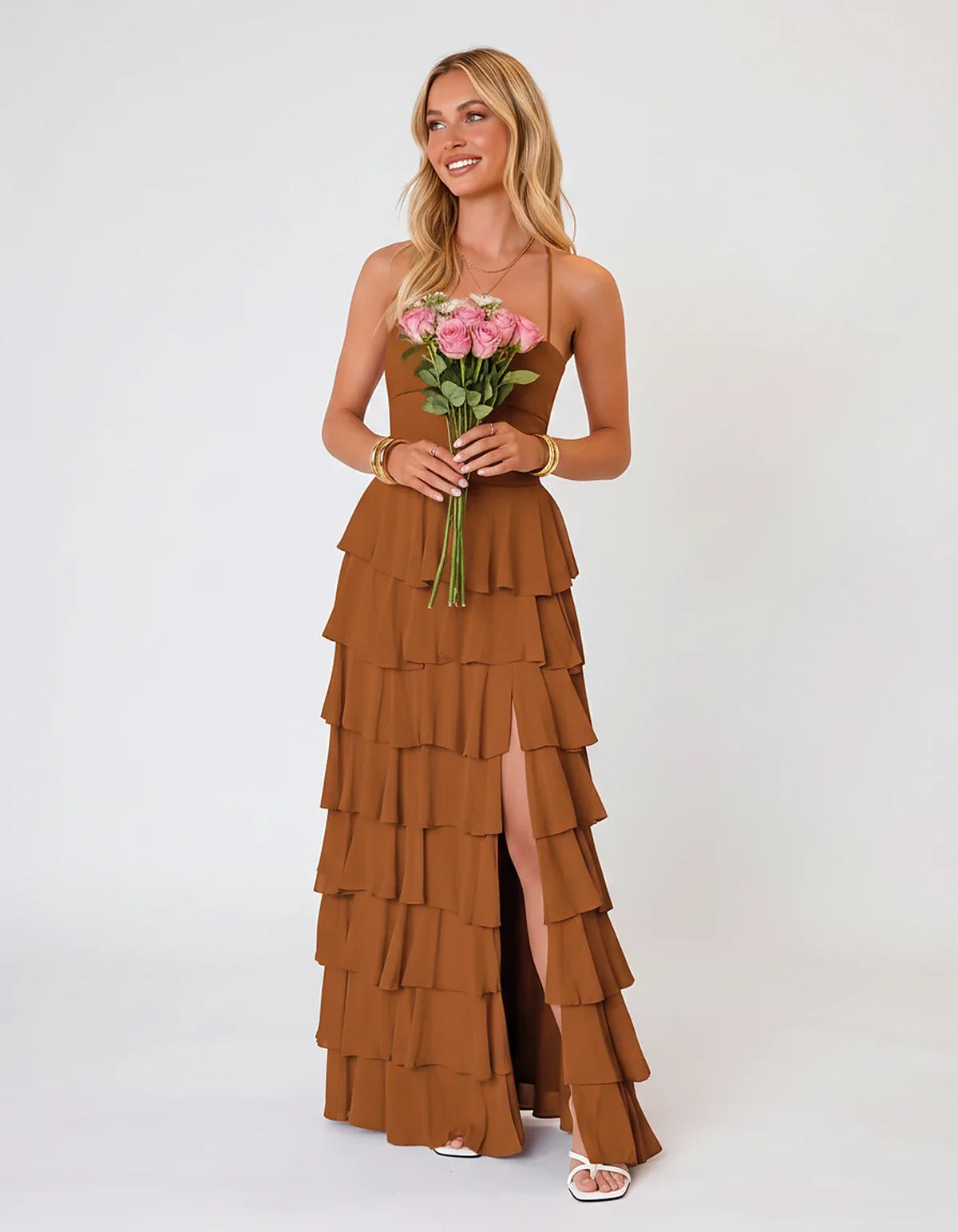 Chiffon Sleeveless Sweetheart A-Line Maxi Dress with Tiered Ruffles for Party, Cocktail, Evening, Wedding Guest & Summer Even | SKU: SMD-583920174618452-ORANGE-L,SMD-583920174618452-ORANGE-M,SMD-583920174618452-ORANGE-S,SMD-583920174618452-ORANGE-XL,SMD-583920174618452-ORANGE-XS