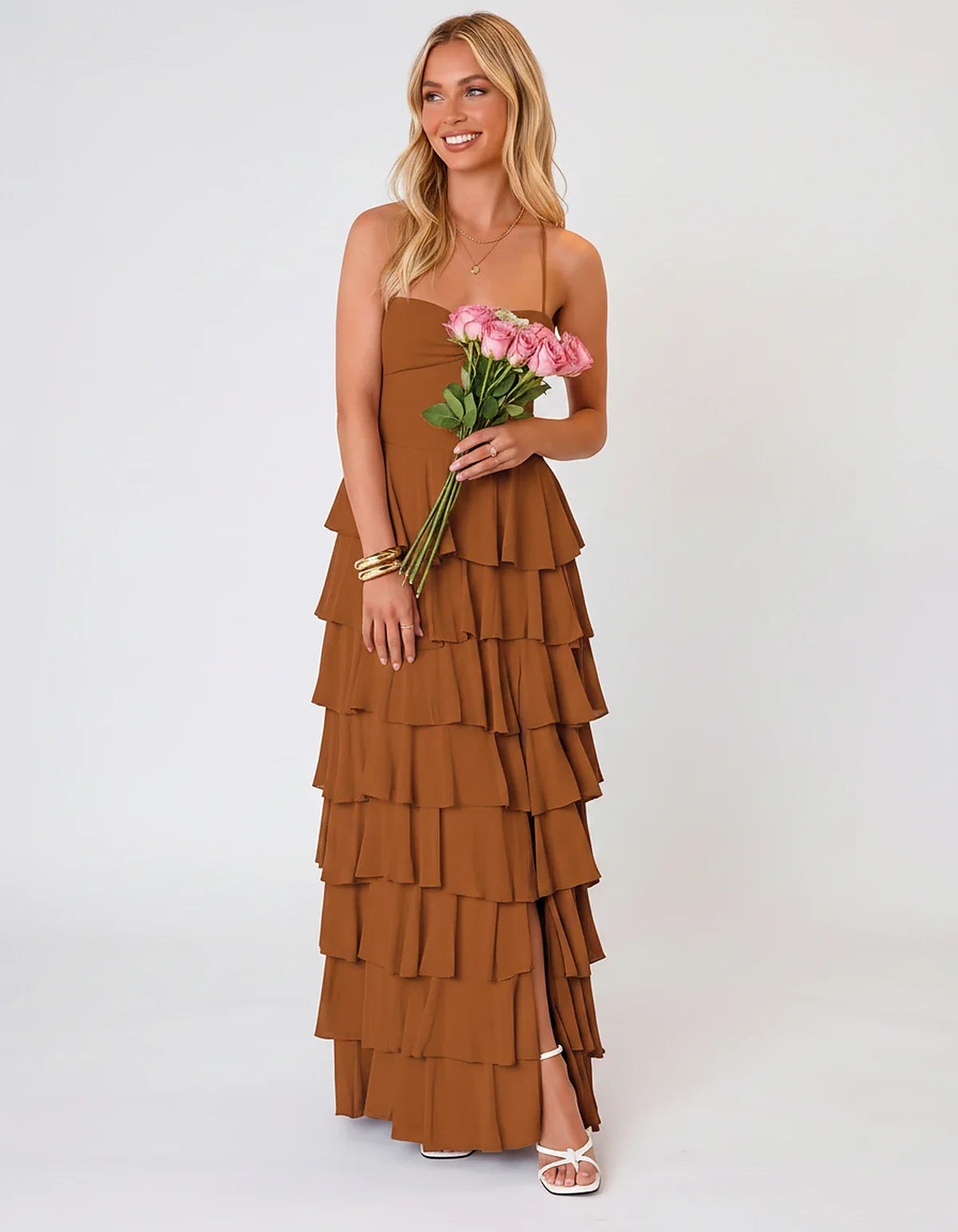 Chiffon Sleeveless Sweetheart A-Line Maxi Dress with Tiered Ruffles for Party, Cocktail, Evening, Wedding Guest & Summer Even | SKU: SMD-583920174618452-ORANGE-L,SMD-583920174618452-ORANGE-M,SMD-583920174618452-ORANGE-S,SMD-583920174618452-ORANGE-XL,SMD-583920174618452-ORANGE-XS