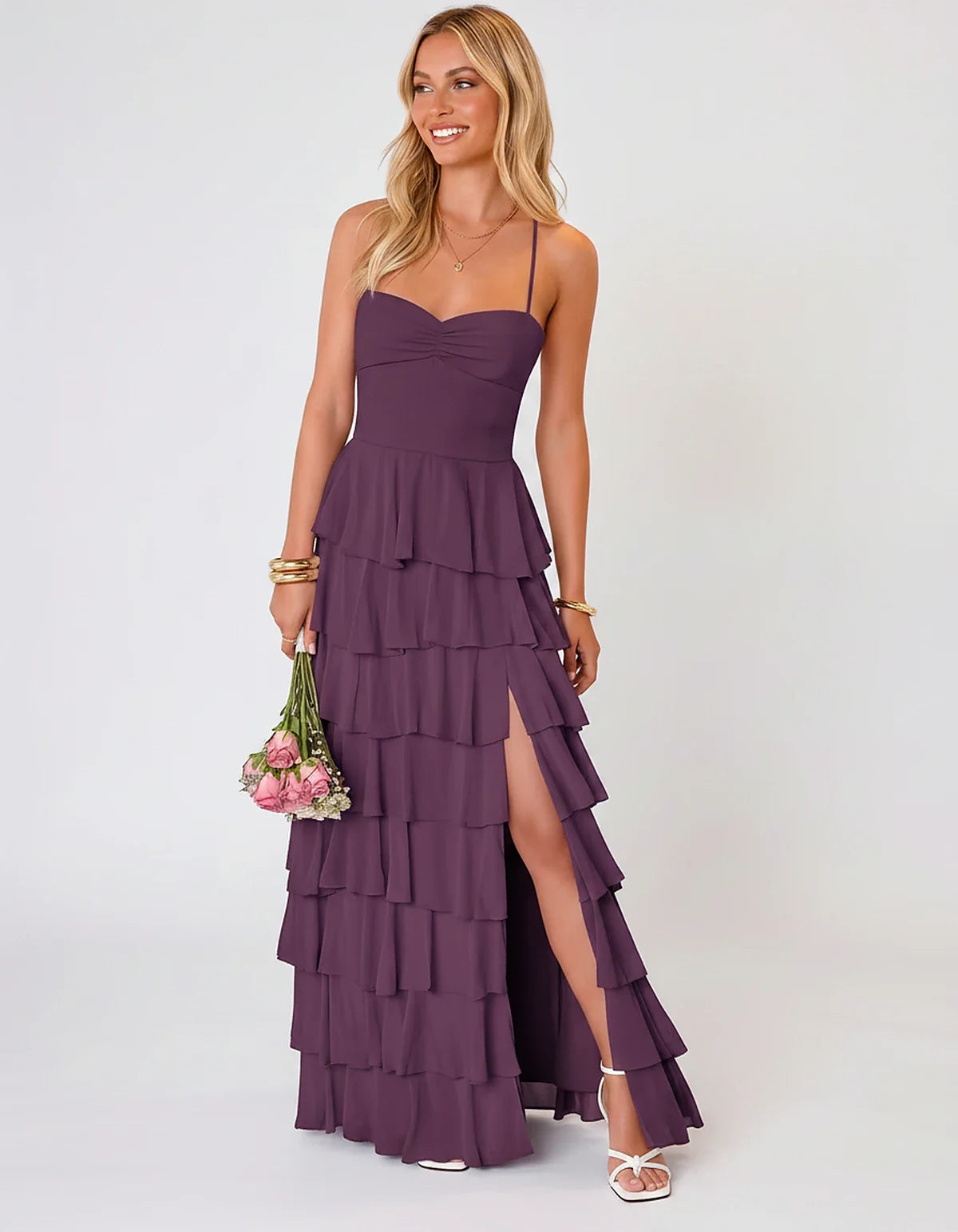 Chiffon Sleeveless Sweetheart A-Line Maxi Dress with Tiered Ruffles for Party, Cocktail, Evening, Wedding Guest & Summer Even | SKU: SMD-583920174618452-PLUM-L,SMD-583920174618452-PLUM-M,SMD-583920174618452-PLUM-S,SMD-583920174618452-PLUM-XL,SMD-583920174618452-PLUM-XS