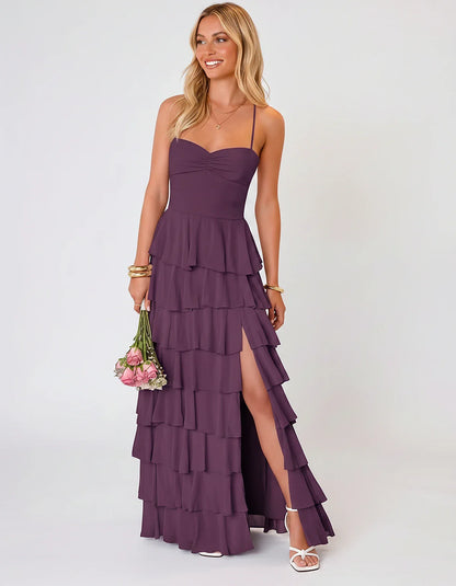 Chiffon Sleeveless Sweetheart A-Line Maxi Dress with Tiered Ruffles for Party, Cocktail, Evening, Wedding Guest & Summer Even | SKU: SMD-583920174618452-PLUM-L,SMD-583920174618452-PLUM-M,SMD-583920174618452-PLUM-S,SMD-583920174618452-PLUM-XL,SMD-583920174618452-PLUM-XS