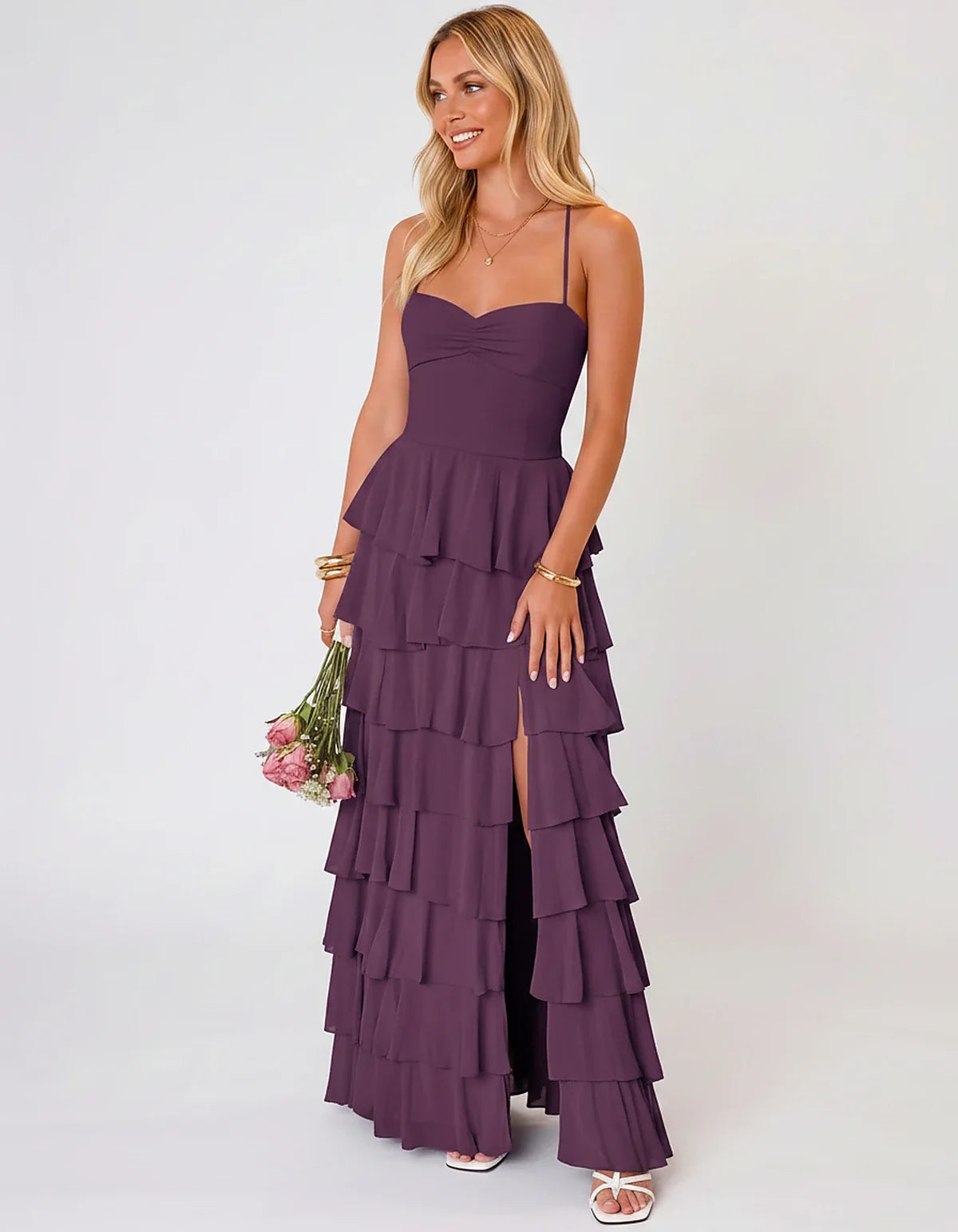 Chiffon Sleeveless Sweetheart A-Line Maxi Dress with Tiered Ruffles for Party, Cocktail, Evening, Wedding Guest & Summer Even | SKU: SMD-583920174618452-PLUM-L,SMD-583920174618452-PLUM-M,SMD-583920174618452-PLUM-S,SMD-583920174618452-PLUM-XL,SMD-583920174618452-PLUM-XS