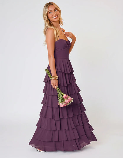 Chiffon Sleeveless Sweetheart A-Line Maxi Dress with Tiered Ruffles for Party, Cocktail, Evening, Wedding Guest & Summer Even | SKU: SMD-583920174618452-PLUM-L,SMD-583920174618452-PLUM-M,SMD-583920174618452-PLUM-S,SMD-583920174618452-PLUM-XL,SMD-583920174618452-PLUM-XS