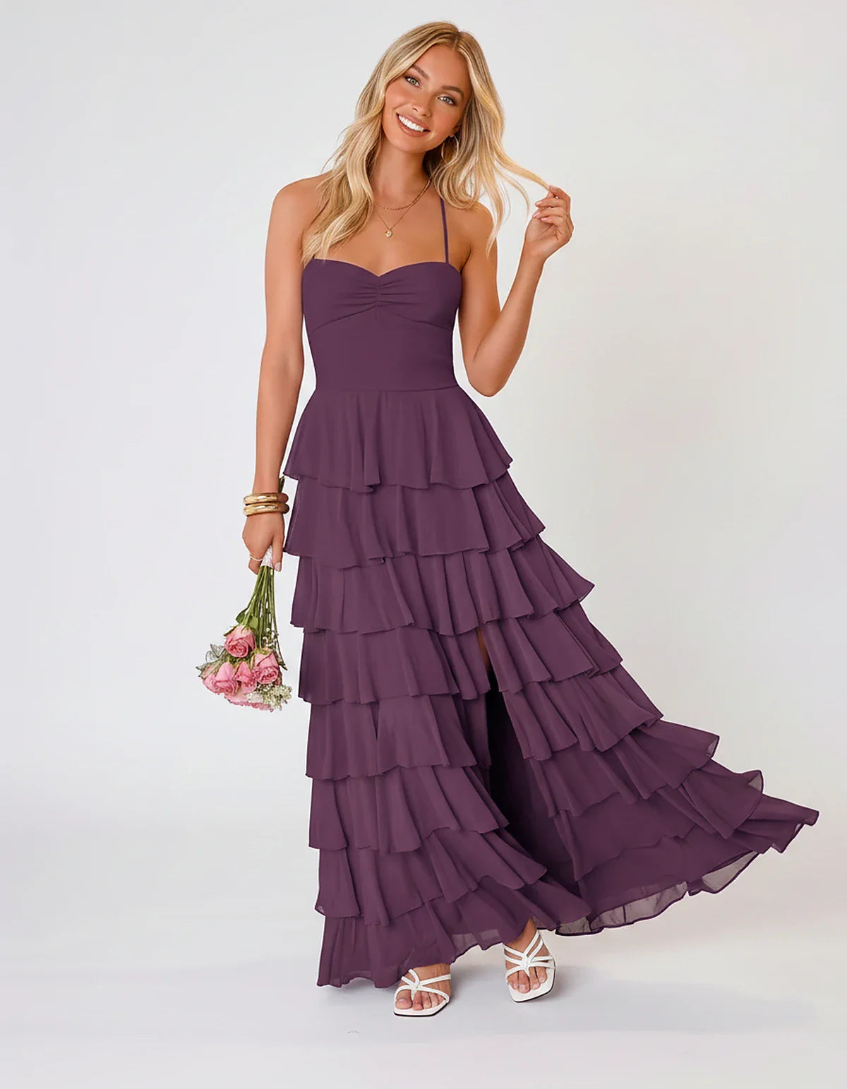 Chiffon Sleeveless Sweetheart A-Line Maxi Dress with Tiered Ruffles for Party, Cocktail, Evening, Wedding Guest & Summer Even | SKU: SMD-583920174618452-PLUM-L,SMD-583920174618452-PLUM-M,SMD-583920174618452-PLUM-S,SMD-583920174618452-PLUM-XL,SMD-583920174618452-PLUM-XS