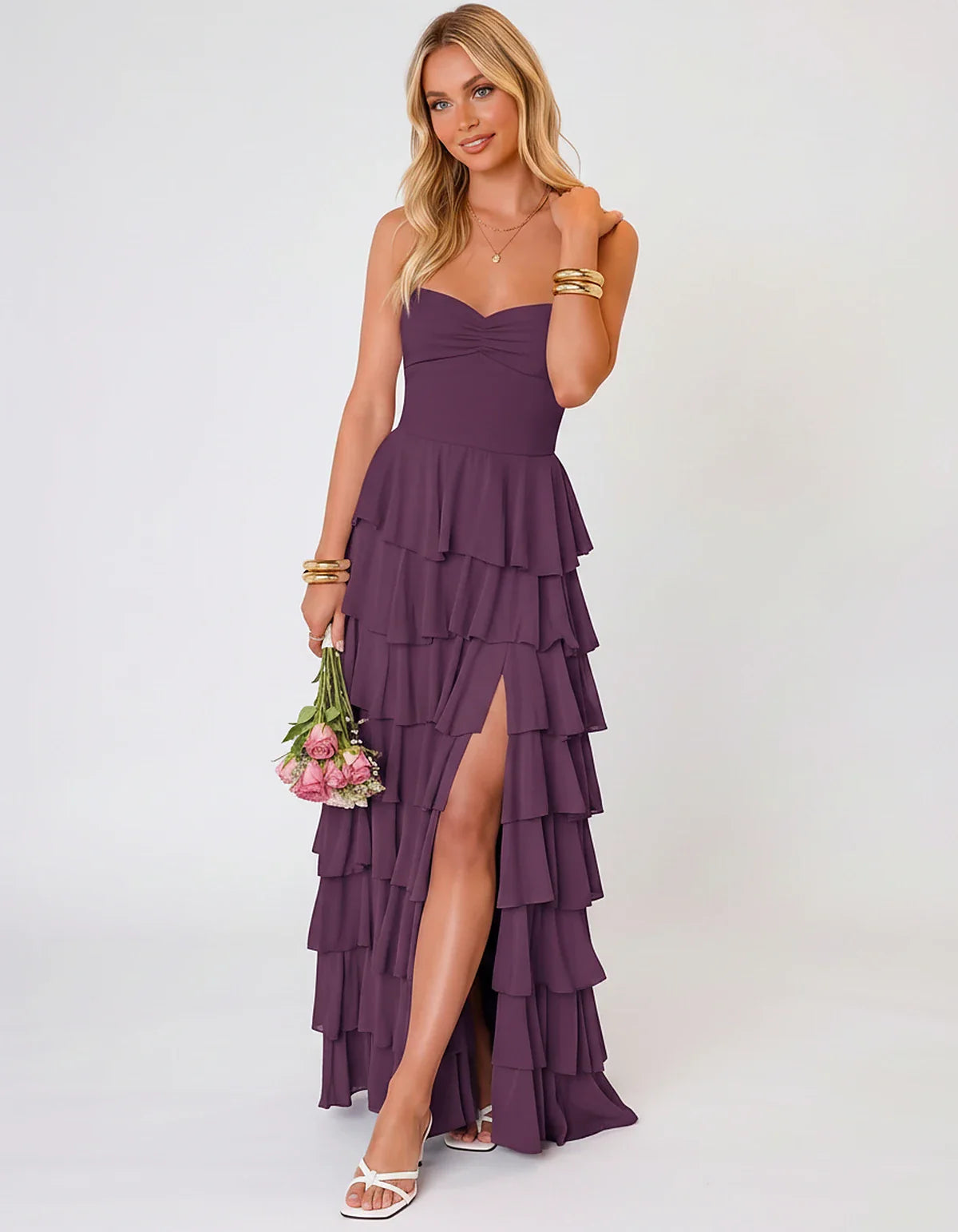 Chiffon Sleeveless Sweetheart A-Line Maxi Dress with Tiered Ruffles for Party, Cocktail, Evening, Wedding Guest & Summer Even | SKU: SMD-583920174618452-PLUM-L,SMD-583920174618452-PLUM-M,SMD-583920174618452-PLUM-S,SMD-583920174618452-PLUM-XL,SMD-583920174618452-PLUM-XS