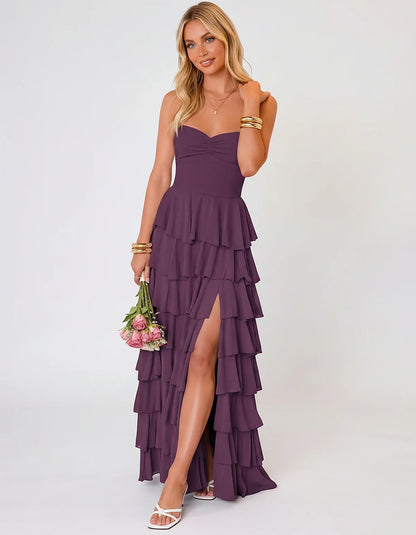 Chiffon Sleeveless Sweetheart A-Line Maxi Dress with Tiered Ruffles for Party, Cocktail, Evening, Wedding Guest & Summer Even | SKU: SMD-583920174618452-PLUM-L,SMD-583920174618452-PLUM-M,SMD-583920174618452-PLUM-S,SMD-583920174618452-PLUM-XL,SMD-583920174618452-PLUM-XS