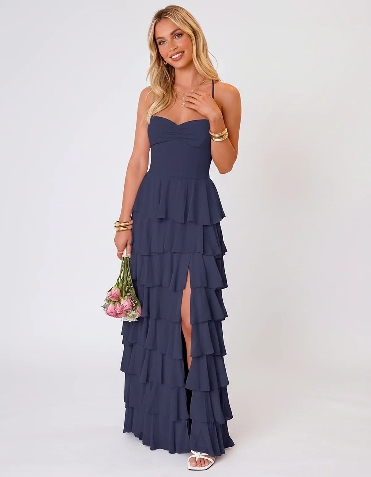 Chiffon Sleeveless Sweetheart A-Line Maxi Dress with Tiered Ruffles for Party, Cocktail, Evening, Wedding Guest & Summer Even | SKU: SMD-583920174618452-NAVY-L,SMD-583920174618452-NAVY-M,SMD-583920174618452-NAVY-S,SMD-583920174618452-NAVY-XL,SMD-583920174618452-NAVY-XS