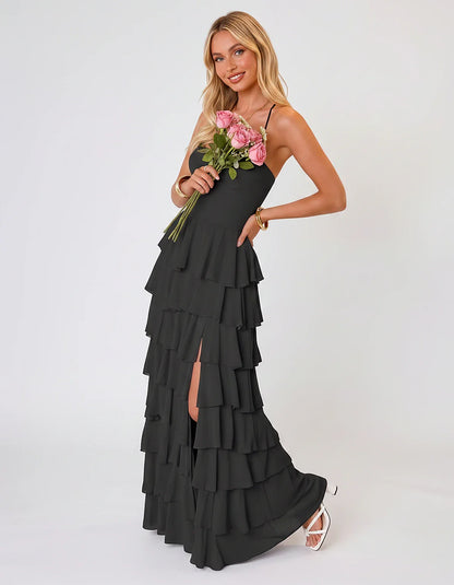 Chiffon Sleeveless Sweetheart A-Line Maxi Dress with Tiered Ruffles for Party, Cocktail, Evening, Wedding Guest & Summer Even | SKU: SMD-583920174618452-BLACK-L,SMD-583920174618452-BLACK-M,SMD-583920174618452-BLACK-S,SMD-583920174618452-BLACK-XL,SMD-583920174618452-BLACK-XS