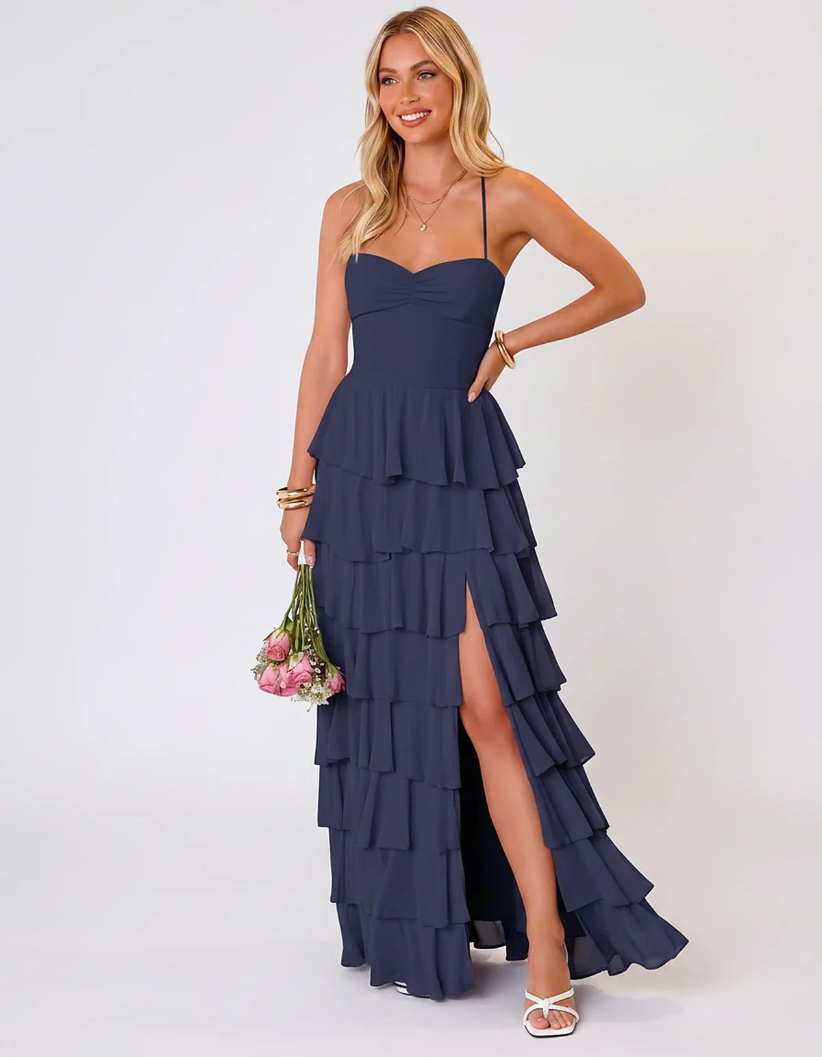 Chiffon Sleeveless Sweetheart A-Line Maxi Dress with Tiered Ruffles for Party, Cocktail, Evening, Wedding Guest & Summer Even | SKU: SMD-583920174618452-NAVY-L,SMD-583920174618452-NAVY-M,SMD-583920174618452-NAVY-S,SMD-583920174618452-NAVY-XL,SMD-583920174618452-NAVY-XS