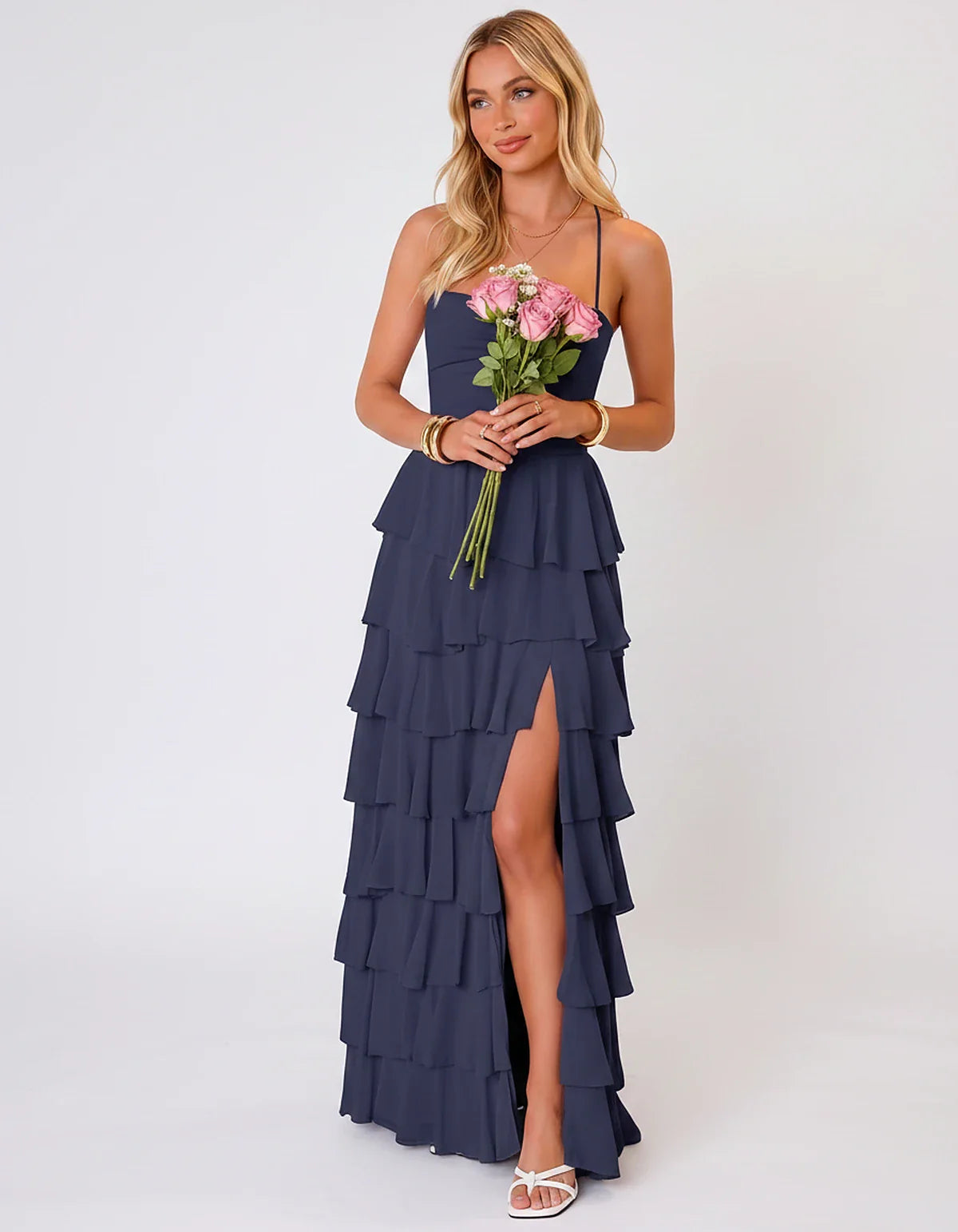 Chiffon Sleeveless Sweetheart A-Line Maxi Dress with Tiered Ruffles for Party, Cocktail, Evening, Wedding Guest & Summer Even | SKU: SMD-583920174618452-NAVY-L,SMD-583920174618452-NAVY-M,SMD-583920174618452-NAVY-S,SMD-583920174618452-NAVY-XL,SMD-583920174618452-NAVY-XS
