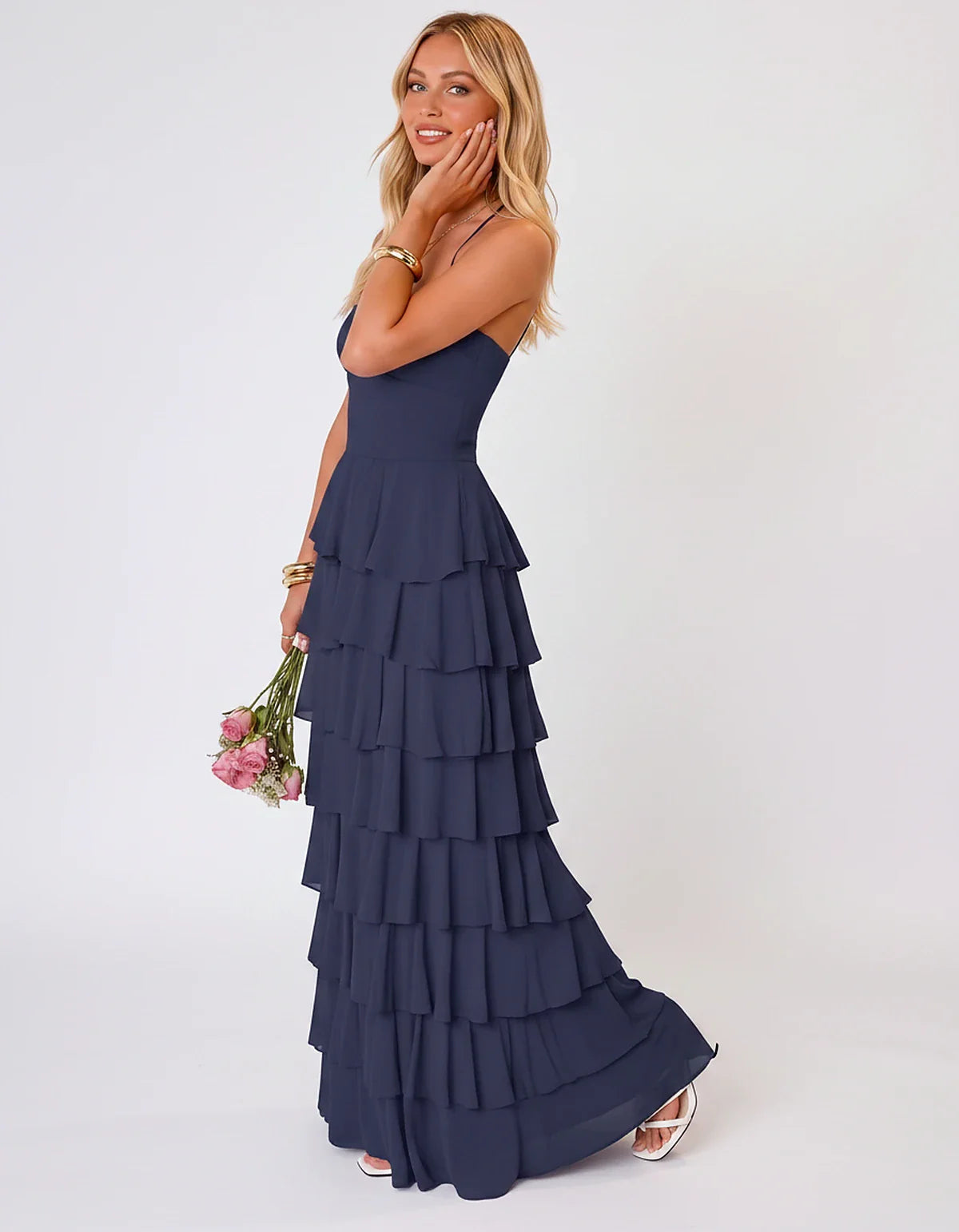 Chiffon Sleeveless Sweetheart A-Line Maxi Dress with Tiered Ruffles for Party, Cocktail, Evening, Wedding Guest & Summer Even | SKU: SMD-583920174618452-NAVY-L,SMD-583920174618452-NAVY-M,SMD-583920174618452-NAVY-S,SMD-583920174618452-NAVY-XL,SMD-583920174618452-NAVY-XS