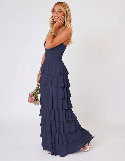 Chiffon Sleeveless Sweetheart A-Line Maxi Dress with Tiered Ruffles for Party, Cocktail, Evening, Wedding Guest & Summer Even | SKU: SMD-583920174618452-NAVY-L,SMD-583920174618452-NAVY-M,SMD-583920174618452-NAVY-S,SMD-583920174618452-NAVY-XL,SMD-583920174618452-NAVY-XS