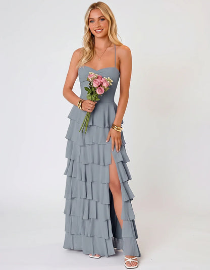 Chiffon Sleeveless Sweetheart A-Line Maxi Dress with Tiered Ruffles for Party, Cocktail, Evening, Wedding Guest & Summer Even | SKU: SMD-583920174618452-NAVY-L,SMD-583920174618452-NAVY-M,SMD-583920174618452-NAVY-S,SMD-583920174618452-NAVY-XL,SMD-583920174618452-NAVY-XS