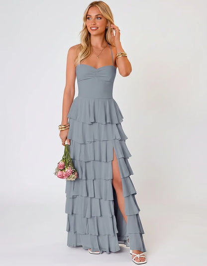 Chiffon Sleeveless Sweetheart A-Line Maxi Dress with Tiered Ruffles for Party, Cocktail, Evening, Wedding Guest & Summer Even | SKU: SMD-583920174618452-NAVY-L,SMD-583920174618452-NAVY-M,SMD-583920174618452-NAVY-S,SMD-583920174618452-NAVY-XL,SMD-583920174618452-NAVY-XS