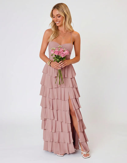 Chiffon Sleeveless Sweetheart A-Line Maxi Dress with Tiered Ruffles for Party, Cocktail, Evening, Wedding Guest & Summer Even | SKU: SMD-583920174618452-DUSTYROSE-L,SMD-583920174618452-DUSTYROSE-M,SMD-583920174618452-DUSTYROSE-S,SMD-583920174618452-DUSTYROSE-XL,SMD-583920174618452-DUSTYROSE-XS