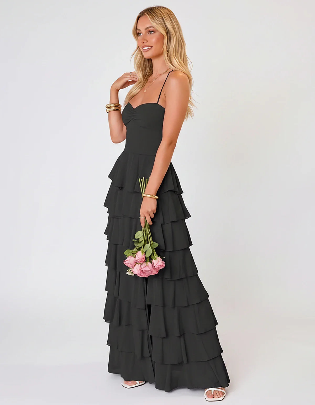 Chiffon Sleeveless Sweetheart A-Line Maxi Dress with Tiered Ruffles for Party, Cocktail, Evening, Wedding Guest & Summer Even | SKU: SMD-583920174618452-BLACK-L,SMD-583920174618452-BLACK-M,SMD-583920174618452-BLACK-S,SMD-583920174618452-BLACK-XL,SMD-583920174618452-BLACK-XS