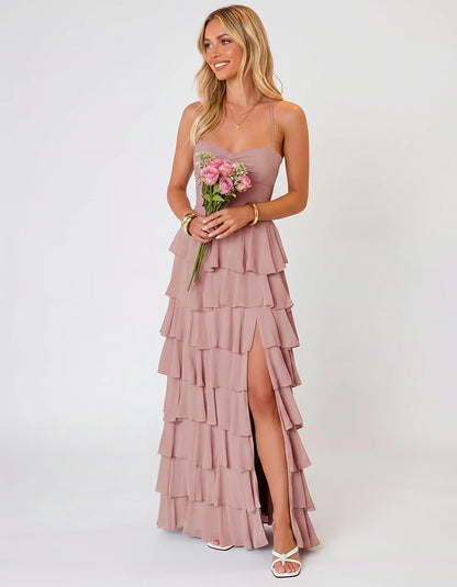 Chiffon Sleeveless Sweetheart A-Line Maxi Dress with Tiered Ruffles for Party, Cocktail, Evening, Wedding Guest & Summer Even | SKU: SMD-583920174618452-DUSTYROSE-L,SMD-583920174618452-DUSTYROSE-M,SMD-583920174618452-DUSTYROSE-S,SMD-583920174618452-DUSTYROSE-XL,SMD-583920174618452-DUSTYROSE-XS