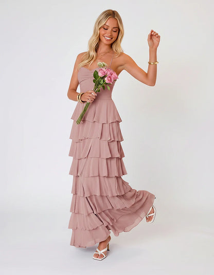 Chiffon Sleeveless Sweetheart A-Line Maxi Dress with Tiered Ruffles for Party, Cocktail, Evening, Wedding Guest & Summer Even | SKU: SMD-583920174618452-DUSTYROSE-L,SMD-583920174618452-DUSTYROSE-M,SMD-583920174618452-DUSTYROSE-S,SMD-583920174618452-DUSTYROSE-XL,SMD-583920174618452-DUSTYROSE-XS