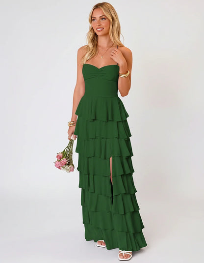 Chiffon Sleeveless Sweetheart A-Line Maxi Dress with Tiered Ruffles for Party, Cocktail, Evening, Wedding Guest & Summer Even | SKU: SMD-583920174618452-GREEN-L,SMD-583920174618452-GREEN-M,SMD-583920174618452-GREEN-S,SMD-583920174618452-GREEN-XL,SMD-583920174618452-GREEN-XS