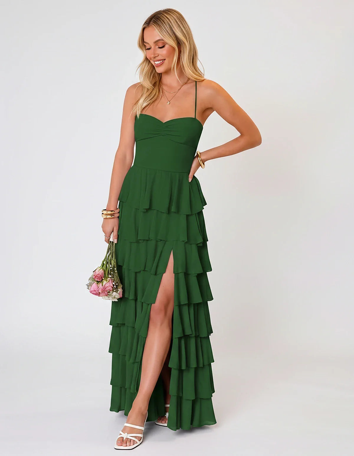 Chiffon Sleeveless Sweetheart A-Line Maxi Dress with Tiered Ruffles for Party, Cocktail, Evening, Wedding Guest & Summer Even | SKU: SMD-583920174618452-GREEN-L,SMD-583920174618452-GREEN-M,SMD-583920174618452-GREEN-S,SMD-583920174618452-GREEN-XL,SMD-583920174618452-GREEN-XS