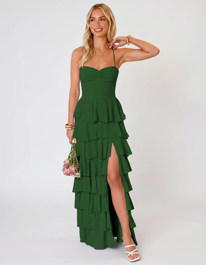 Chiffon Sleeveless Sweetheart A-Line Maxi Dress with Tiered Ruffles for Party, Cocktail, Evening, Wedding Guest & Summer Even | SKU: SMD-583920174618452-GREEN-L,SMD-583920174618452-GREEN-M,SMD-583920174618452-GREEN-S,SMD-583920174618452-GREEN-XL,SMD-583920174618452-GREEN-XS