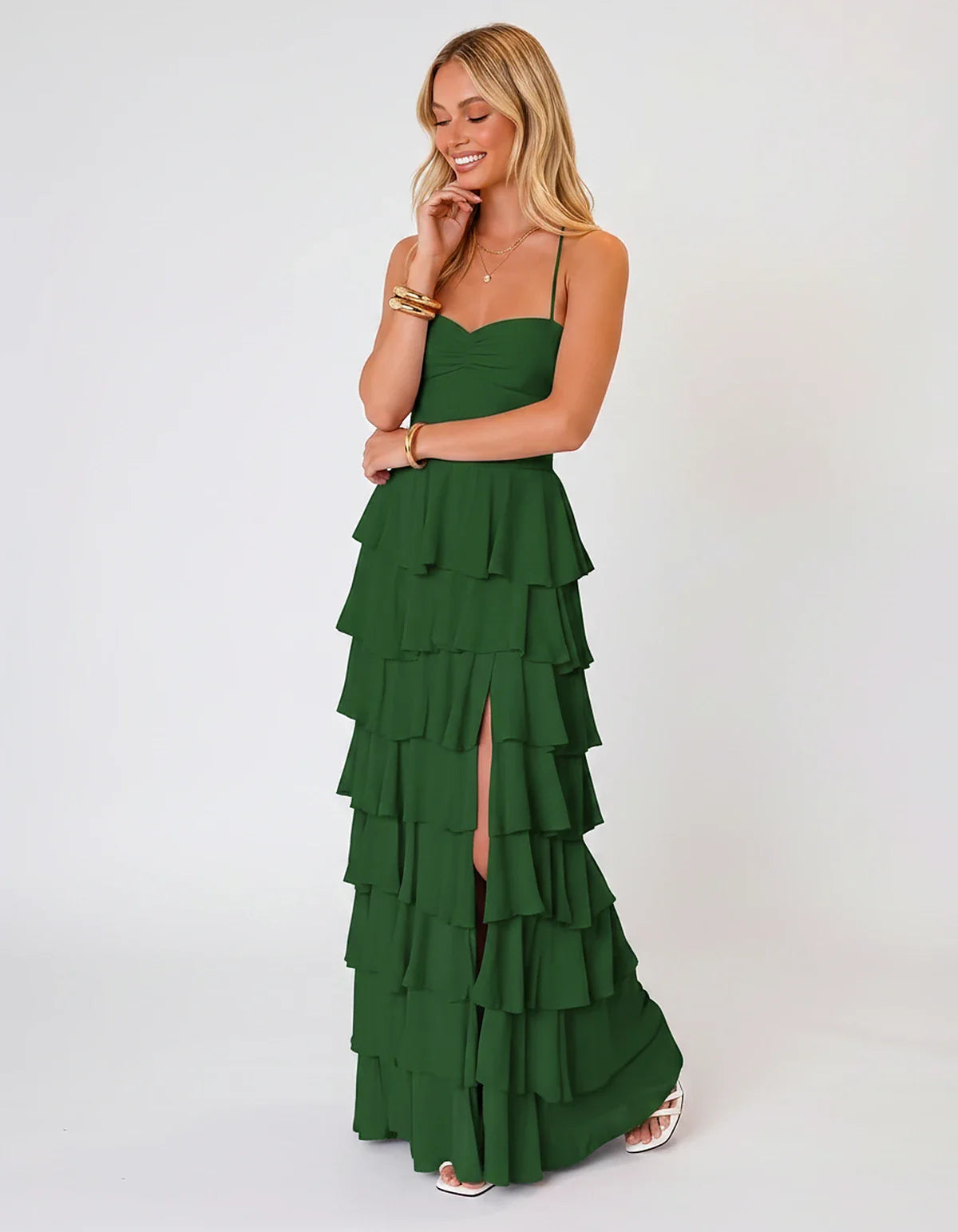 Chiffon Sleeveless Sweetheart A-Line Maxi Dress with Tiered Ruffles for Party, Cocktail, Evening, Wedding Guest & Summer Even | SKU: SMD-583920174618452-GREEN-L,SMD-583920174618452-GREEN-M,SMD-583920174618452-GREEN-S,SMD-583920174618452-GREEN-XL,SMD-583920174618452-GREEN-XS