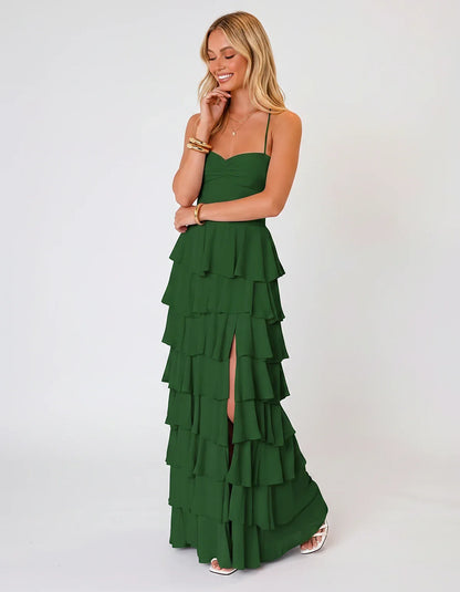 Chiffon Sleeveless Sweetheart A-Line Maxi Dress with Tiered Ruffles for Party, Cocktail, Evening, Wedding Guest & Summer Even | SKU: SMD-583920174618452-GREEN-L,SMD-583920174618452-GREEN-M,SMD-583920174618452-GREEN-S,SMD-583920174618452-GREEN-XL,SMD-583920174618452-GREEN-XS