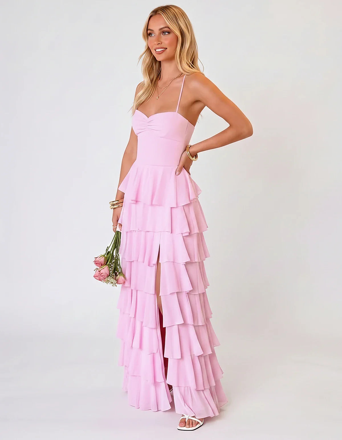 Chiffon Sleeveless Sweetheart A-Line Maxi Dress with Tiered Ruffles for Party, Cocktail, Evening, Wedding Guest & Summer Even | SKU: SMD-583920174618452-PINK-L,SMD-583920174618452-PINK-M,SMD-583920174618452-PINK-S,SMD-583920174618452-PINK-XL,SMD-583920174618452-PINK-XS