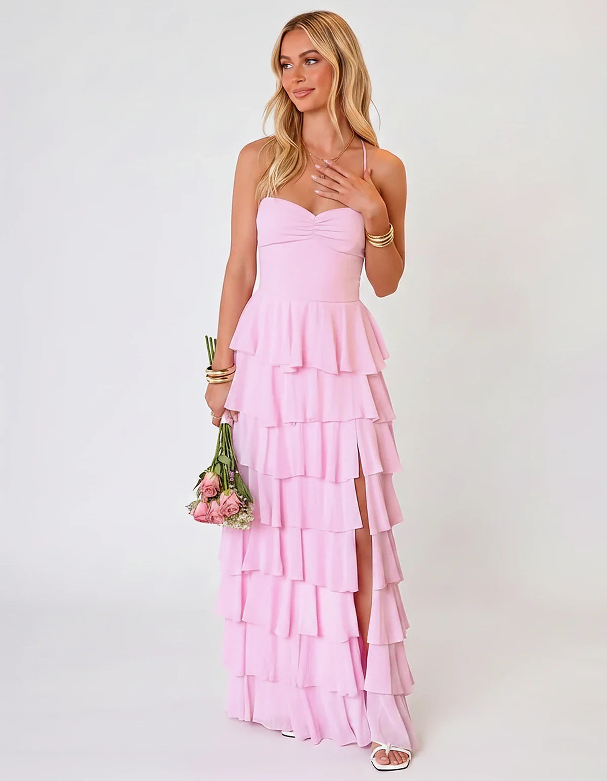 Chiffon Sleeveless Sweetheart A-Line Maxi Dress with Tiered Ruffles for Party, Cocktail, Evening, Wedding Guest & Summer Even | SKU: SMD-583920174618452-PINK-L,SMD-583920174618452-PINK-M,SMD-583920174618452-PINK-S,SMD-583920174618452-PINK-XL,SMD-583920174618452-PINK-XS