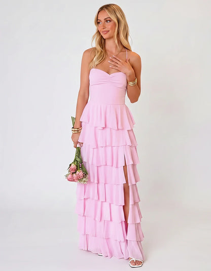 Chiffon Sleeveless Sweetheart A-Line Maxi Dress with Tiered Ruffles for Party, Cocktail, Evening, Wedding Guest & Summer Even | SKU: SMD-583920174618452-PINK-L,SMD-583920174618452-PINK-M,SMD-583920174618452-PINK-S,SMD-583920174618452-PINK-XL,SMD-583920174618452-PINK-XS