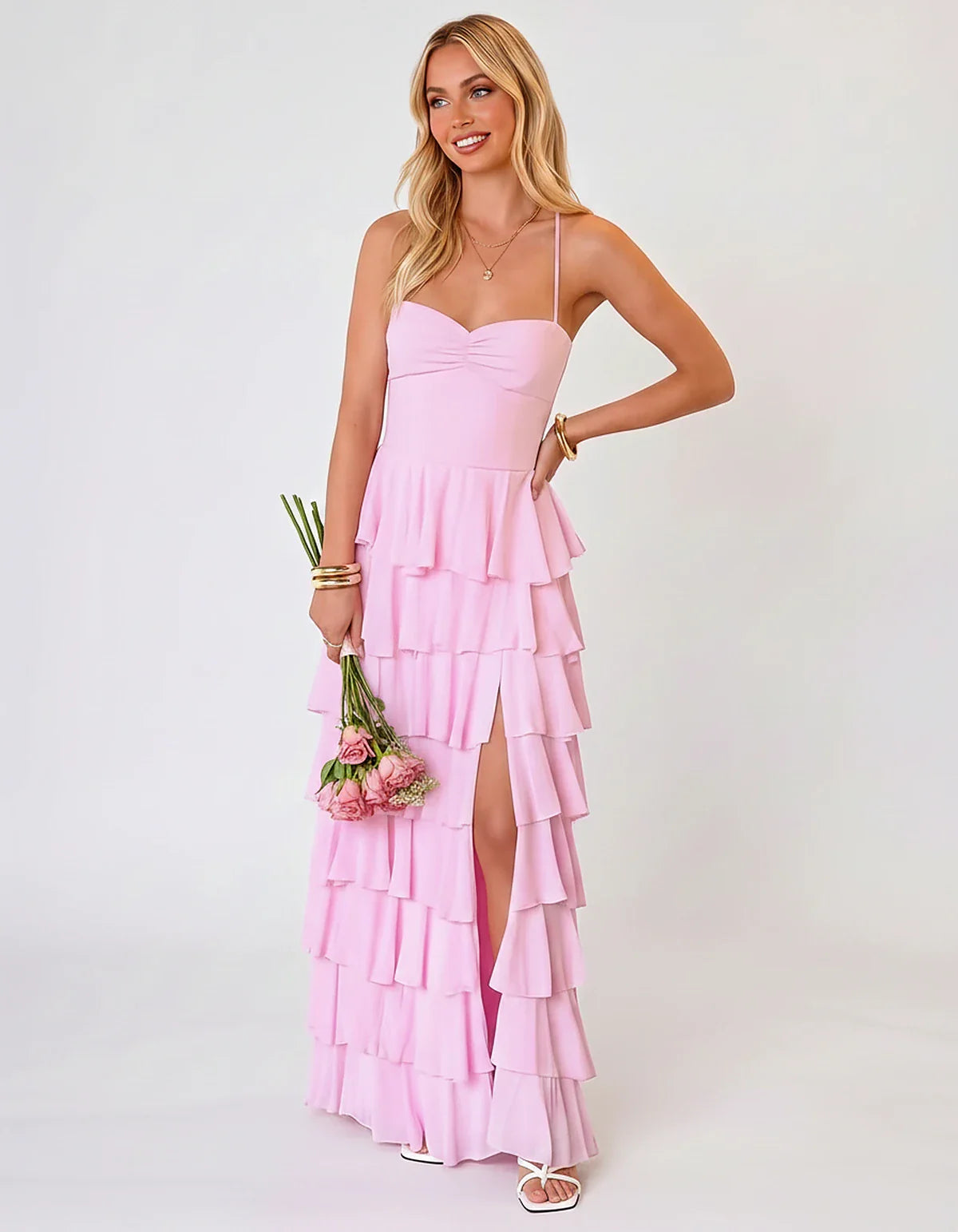 Chiffon Sleeveless Sweetheart A-Line Maxi Dress with Tiered Ruffles for Party, Cocktail, Evening, Wedding Guest & Summer Even | SKU: SMD-583920174618452-PINK-L,SMD-583920174618452-PINK-M,SMD-583920174618452-PINK-S,SMD-583920174618452-PINK-XL,SMD-583920174618452-PINK-XS