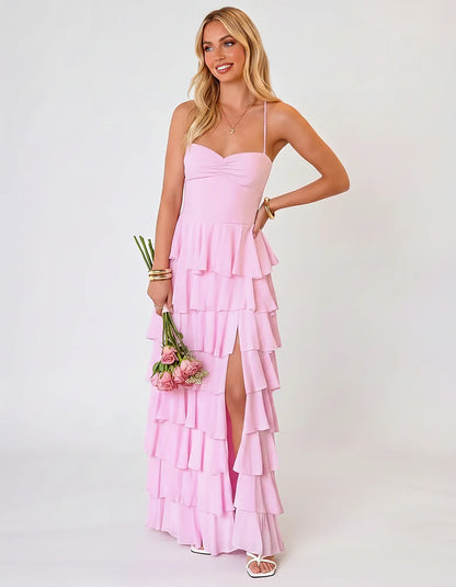Chiffon Sleeveless Sweetheart A-Line Maxi Dress with Tiered Ruffles for Party, Cocktail, Evening, Wedding Guest & Summer Even | SKU: SMD-583920174618452-PINK-L,SMD-583920174618452-PINK-M,SMD-583920174618452-PINK-S,SMD-583920174618452-PINK-XL,SMD-583920174618452-PINK-XS