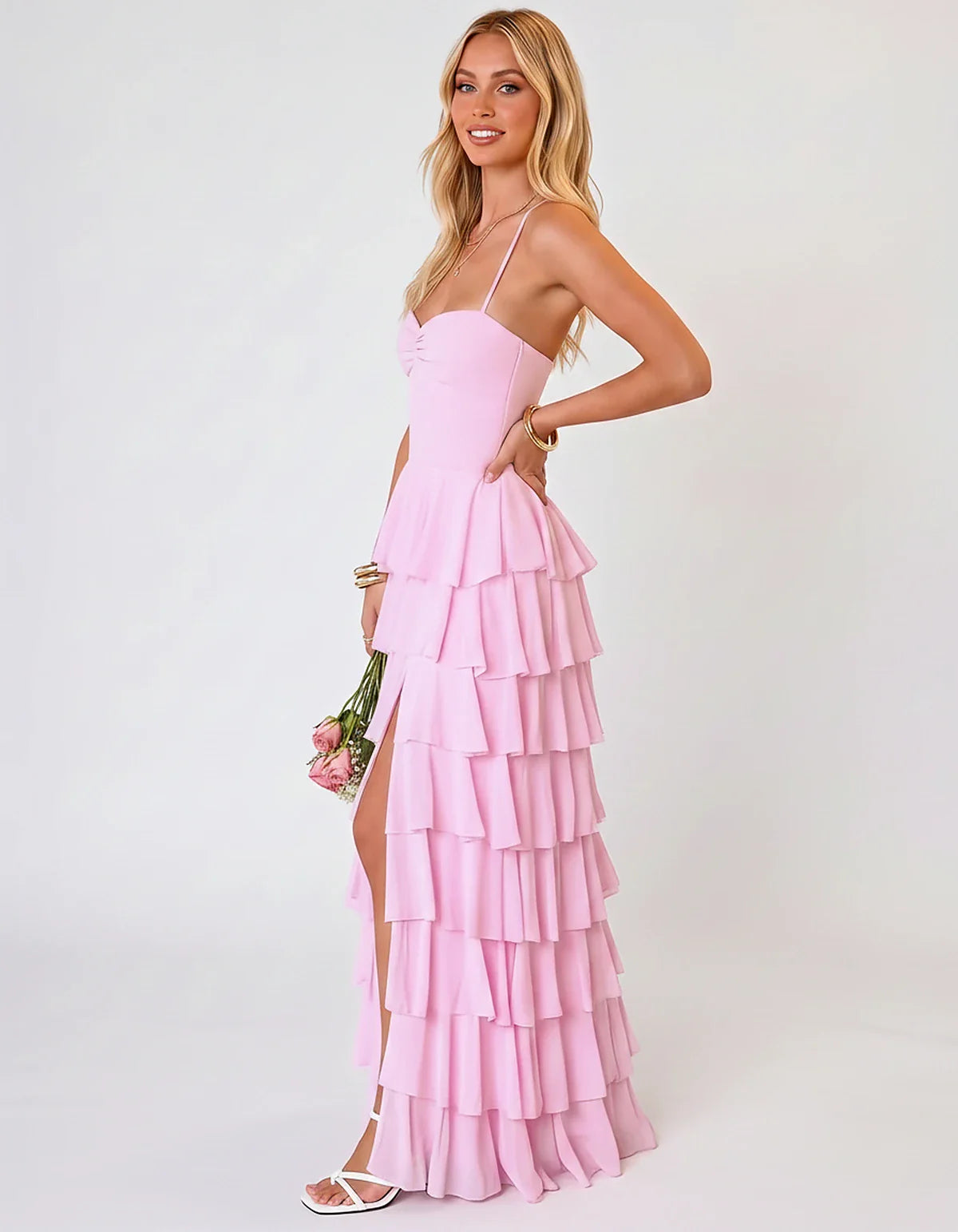 Chiffon Sleeveless Sweetheart A-Line Maxi Dress with Tiered Ruffles for Party, Cocktail, Evening, Wedding Guest & Summer Even | SKU: SMD-583920174618452-PINK-L,SMD-583920174618452-PINK-M,SMD-583920174618452-PINK-S,SMD-583920174618452-PINK-XL,SMD-583920174618452-PINK-XS