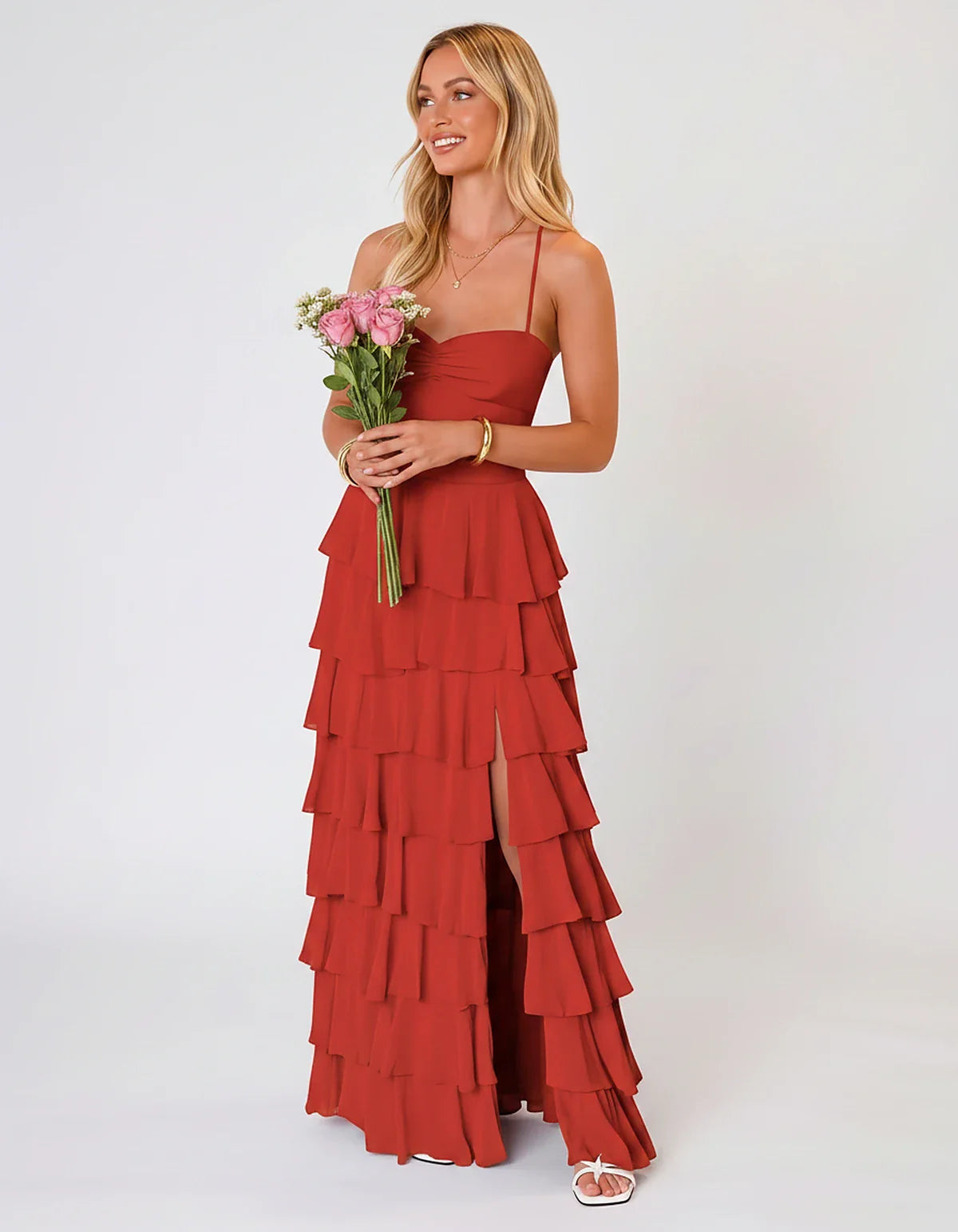 Chiffon Sleeveless Sweetheart A-Line Maxi Dress with Tiered Ruffles for Party, Cocktail, Evening, Wedding Guest & Summer Even | SKU: SMD-583920174618452-RED-L,SMD-583920174618452-RED-M,SMD-583920174618452-RED-S,SMD-583920174618452-RED-XL,SMD-583920174618452-RED-XS
