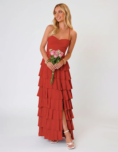Chiffon Sleeveless Sweetheart A-Line Maxi Dress with Tiered Ruffles for Party, Cocktail, Evening, Wedding Guest & Summer Even | SKU: SMD-583920174618452-RED-L,SMD-583920174618452-RED-M,SMD-583920174618452-RED-S,SMD-583920174618452-RED-XL,SMD-583920174618452-RED-XS