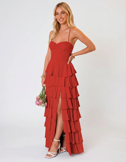 Chiffon Sleeveless Sweetheart A-Line Maxi Dress with Tiered Ruffles for Party, Cocktail, Evening, Wedding Guest & Summer Even | SKU: SMD-583920174618452-RED-L,SMD-583920174618452-RED-M,SMD-583920174618452-RED-S,SMD-583920174618452-RED-XL,SMD-583920174618452-RED-XS