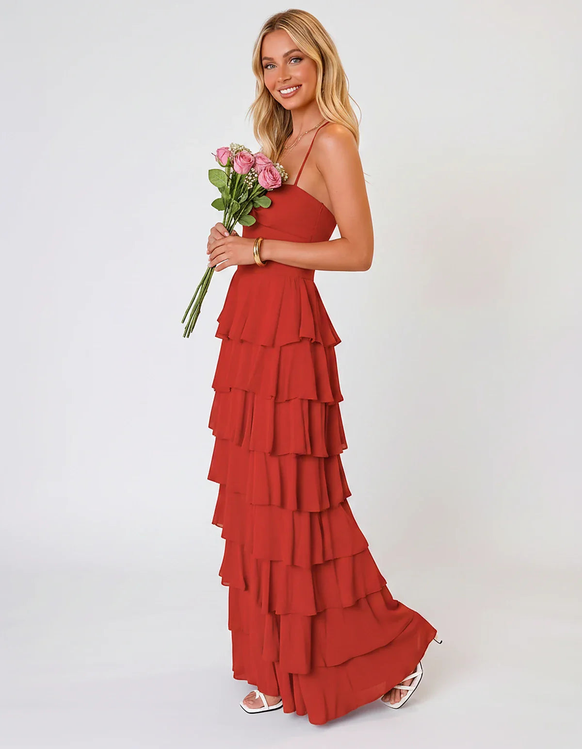 Chiffon Sleeveless Sweetheart A-Line Maxi Dress with Tiered Ruffles for Party, Cocktail, Evening, Wedding Guest & Summer Even | SKU: SMD-583920174618452-RED-L,SMD-583920174618452-RED-M,SMD-583920174618452-RED-S,SMD-583920174618452-RED-XL,SMD-583920174618452-RED-XS