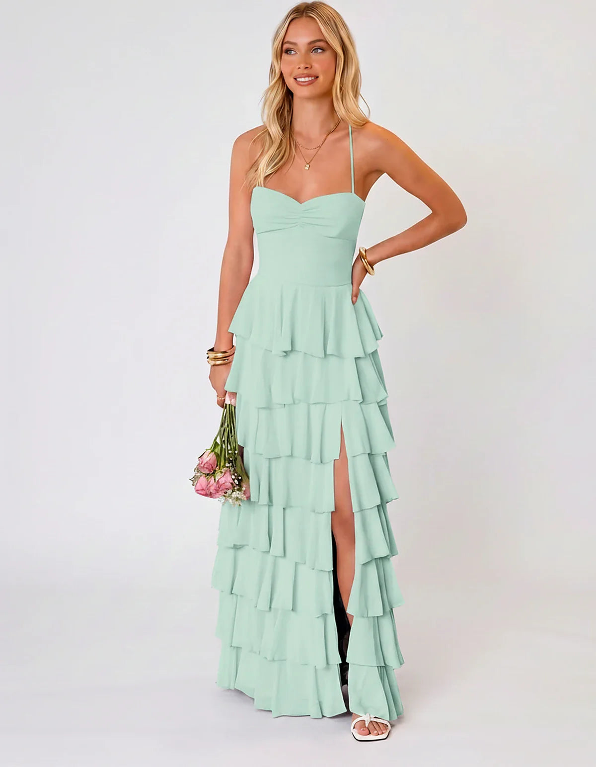 Chiffon Sleeveless Sweetheart A-Line Maxi Dress with Tiered Ruffles for Party, Cocktail, Evening, Wedding Guest & Summer Even