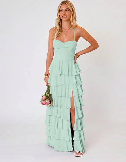 Chiffon Sleeveless Sweetheart A-Line Maxi Dress with Tiered Ruffles for Party, Cocktail, Evening, Wedding Guest & Summer Even