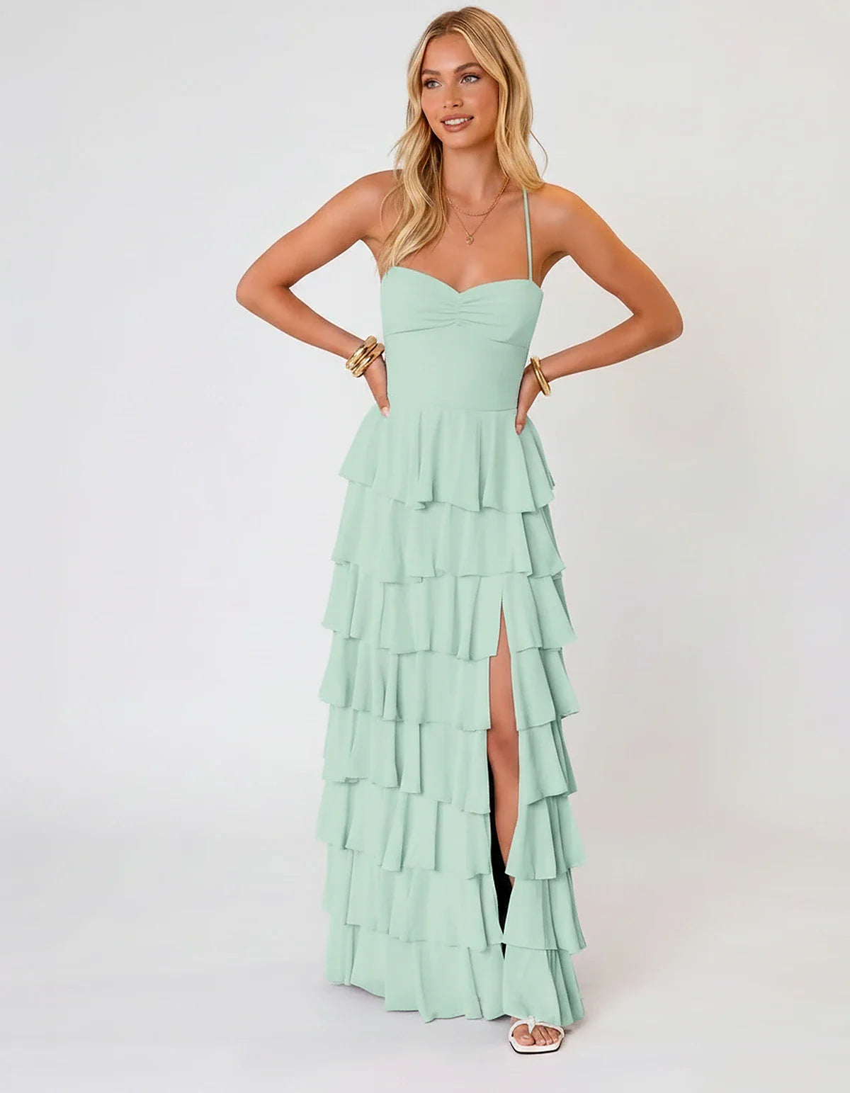Chiffon Sleeveless Sweetheart A-Line Maxi Dress with Tiered Ruffles for Party, Cocktail, Evening, Wedding Guest & Summer Even | SKU: SMD-583920174618452-MINT-L,SMD-583920174618452-MINT-M,SMD-583920174618452-MINT-S,SMD-583920174618452-MINT-XL,SMD-583920174618452-MINT-XS