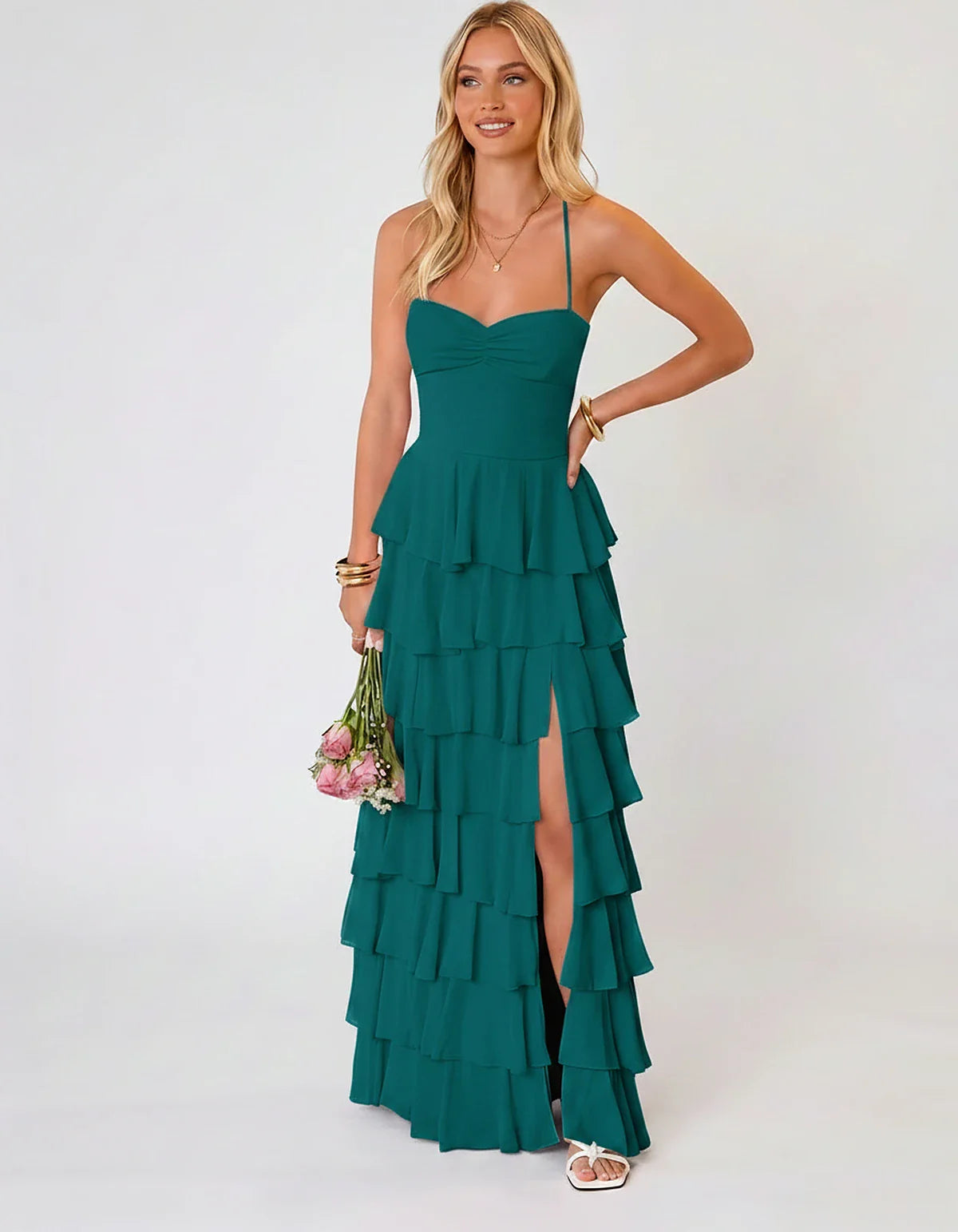 Chiffon Sleeveless Sweetheart A-Line Maxi Dress with Tiered Ruffles for Party, Cocktail, Evening, Wedding Guest & Summer Even