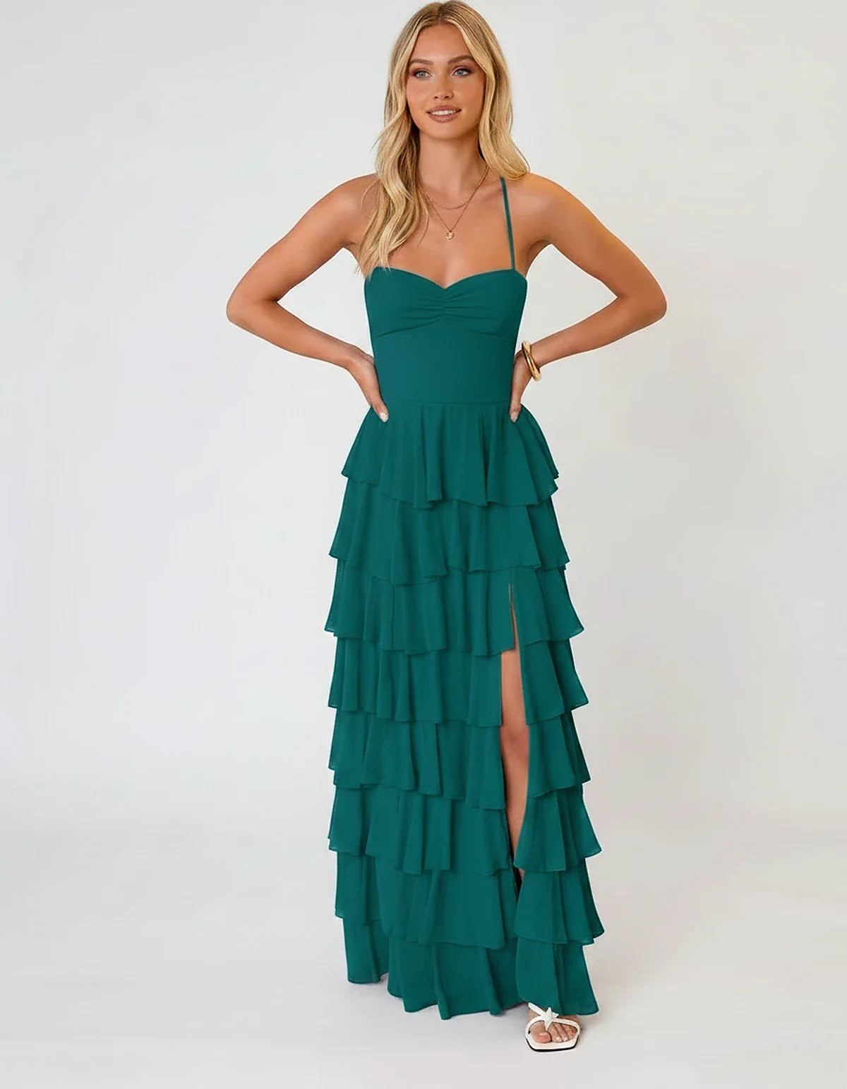 Chiffon Sleeveless Sweetheart A-Line Maxi Dress with Tiered Ruffles for Party, Cocktail, Evening, Wedding Guest & Summer Even | SKU: SMD-583920174618452-TEAL-L,SMD-583920174618452-TEAL-M,SMD-583920174618452-TEAL-S,SMD-583920174618452-TEAL-XL,SMD-583920174618452-TEAL-XS