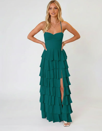 Chiffon Sleeveless Sweetheart A-Line Maxi Dress with Tiered Ruffles for Party, Cocktail, Evening, Wedding Guest & Summer Even | SKU: SMD-583920174618452-TEAL-L,SMD-583920174618452-TEAL-M,SMD-583920174618452-TEAL-S,SMD-583920174618452-TEAL-XL,SMD-583920174618452-TEAL-XS