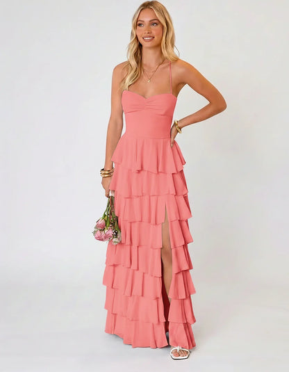 Chiffon Sleeveless Sweetheart A-Line Maxi Dress with Tiered Ruffles for Party, Cocktail, Evening, Wedding Guest & Summer Even