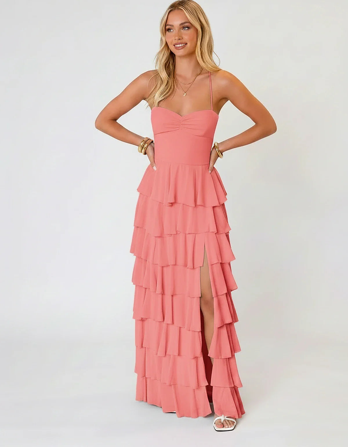 Chiffon Sleeveless Sweetheart A-Line Maxi Dress with Tiered Ruffles for Party, Cocktail, Evening, Wedding Guest & Summer Even | SKU: SMD-583920174618452-CORAL-L,SMD-583920174618452-CORAL-M,SMD-583920174618452-CORAL-S,SMD-583920174618452-CORAL-XL,SMD-583920174618452-CORAL-XS