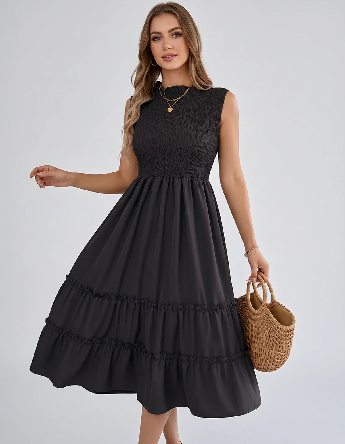 Polyester Blend Sleeveless O-Neck A-Line Midi Dress for Party, Cocktail, Evening, Wedding Guest, Vacation & Summer Events, fr | SKU: SD-583947261840715-BLACK-L,SD-583947261840715-BLACK-M,SD-583947261840715-BLACK-S,SD-583947261840715-BLACK-XL,SD-583947261840715-BLACK-XS