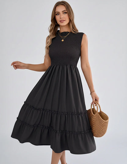 Polyester Blend Sleeveless O-Neck A-Line Midi Dress for Party, Cocktail, Evening, Wedding Guest, Vacation & Summer Events, fr | SKU: SD-583947261840715-BLACK-L,SD-583947261840715-BLACK-M,SD-583947261840715-BLACK-S,SD-583947261840715-BLACK-XL,SD-583947261840715-BLACK-XS